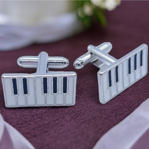 Piano Key Silver Cufflinks Tuxedo Formal Shaped Cuff Links Musician Band NWT Men - Picture 2 of 8
